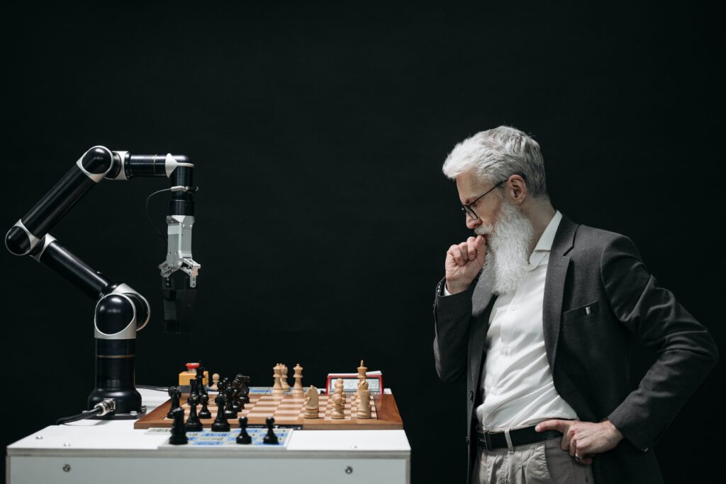 Artificial Intelligence robot challenging human in chess game