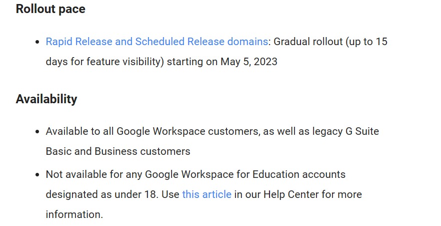 Image showing rollout and availability of Bard in Google Workspace